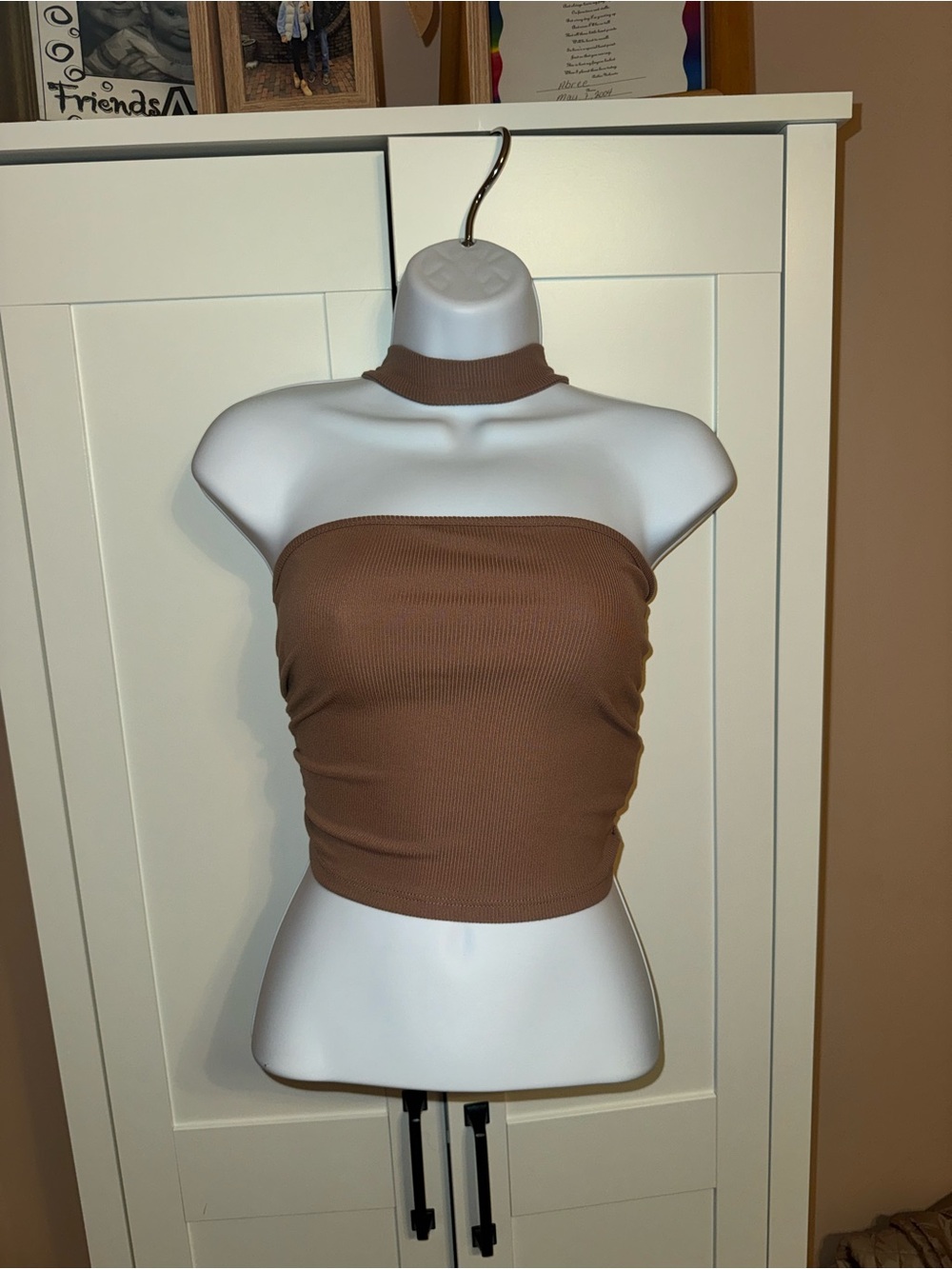 Peach Love California Ribbed Strapless Crop Top with Choker - Brown